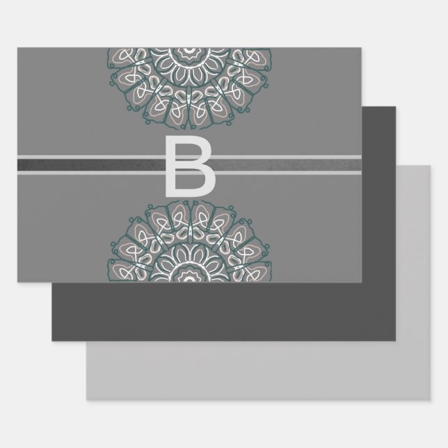 Feuille De Papier Cadeau Toned Trendy Argent Gris Entrelacé Monogramme (Lot)