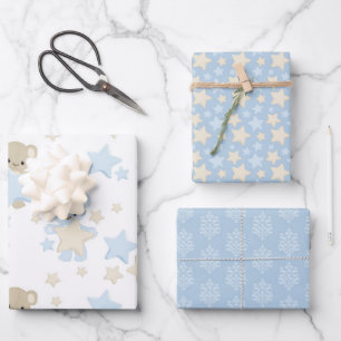 FEUILLE DE PAPIER CADEAU TONS DE BLEU & TAN NOUNOURS & ÉTOILES
