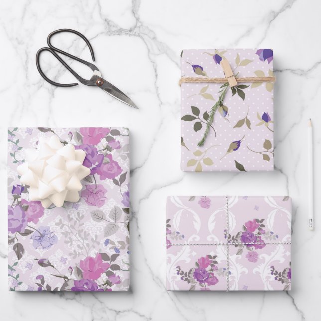 FEUILLE DE PAPIER CADEAU TONS DE FLEURS BLEUES & PURPLES & PLAIDS (Recto)