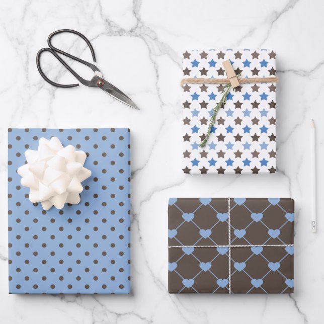 FEUILLE DE PAPIER CADEAU TONS DE MOTIFS BROWN & BLEU (Recto)