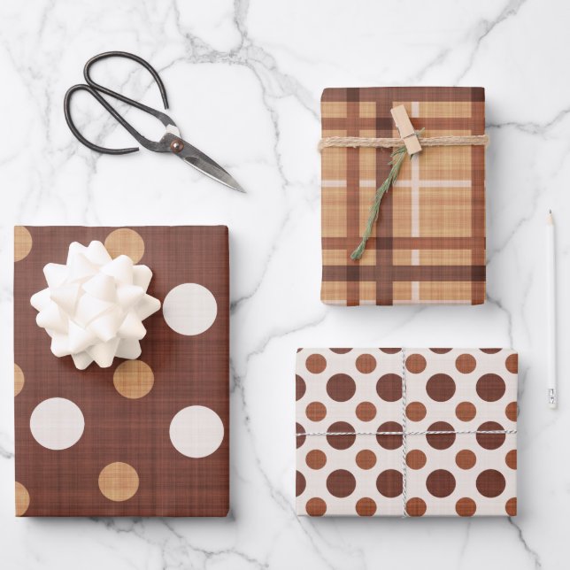 FEUILLE DE PAPIER CADEAU TONS DE POIS BROWN & BLANCS & PLAIDS (Recto)