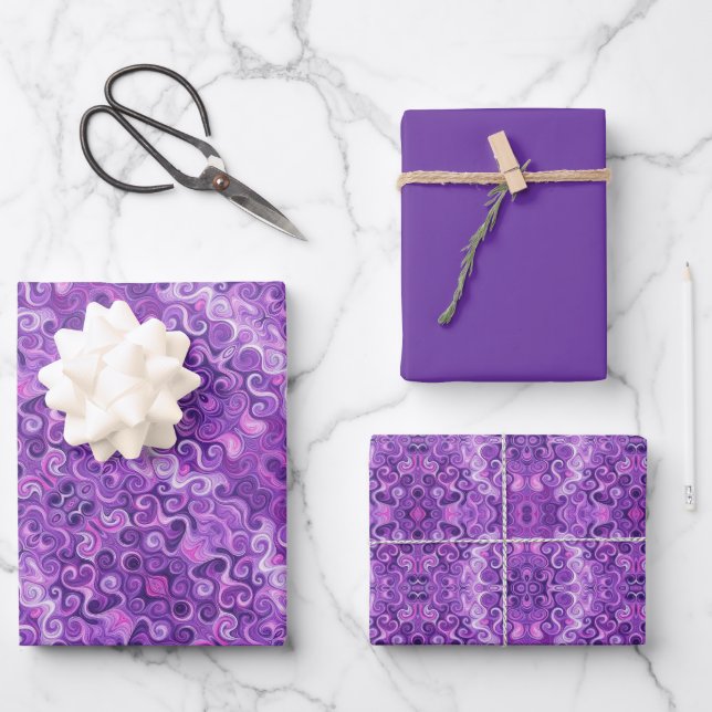 Feuille De Papier Cadeau Tons de violet, Motif rose et blanc (Recto)