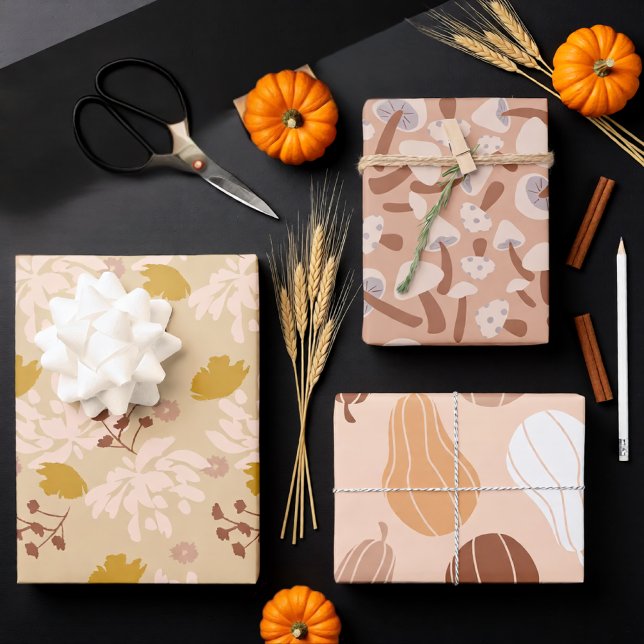 Feuille De Papier Cadeau Tons pastel saisonniers Automne (Soft Autumn Neutrals with Mushrooms and Leaves Wrapping Paper Sheets)