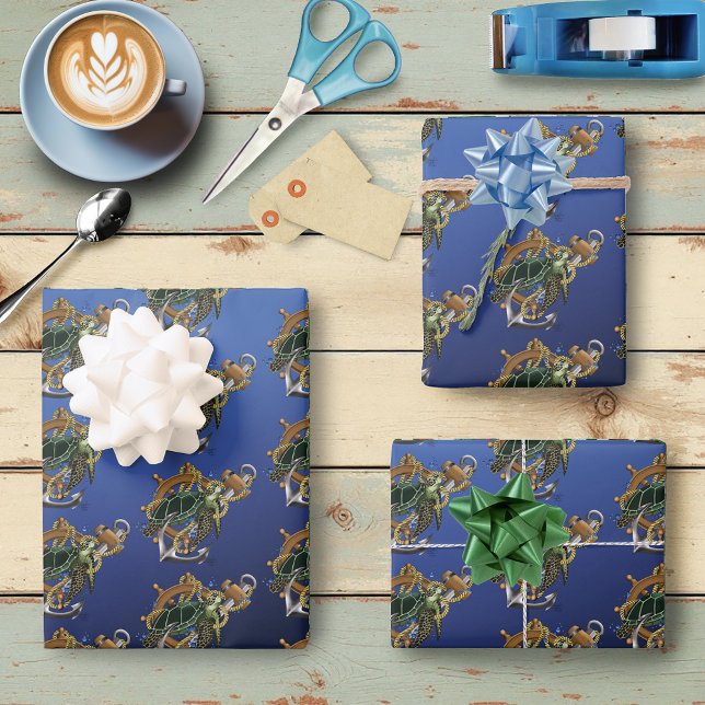 Feuille De Papier Cadeau Tortue de mer bleu vert (Créateur téléchargé)