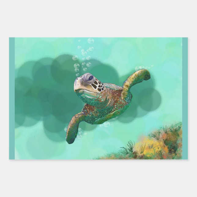 Feuille De Papier Cadeau Tortue de mer en bulles (Devant)
