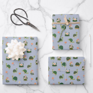 Feuille De Papier Cadeau Tortues & nénuphars sur fond bleu clair