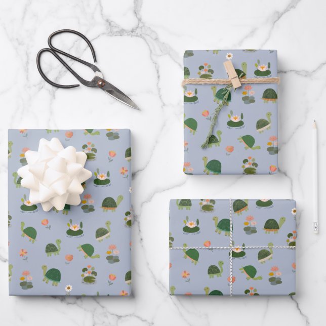 Feuille De Papier Cadeau Tortues & nénuphars sur fond bleu clair (Recto)