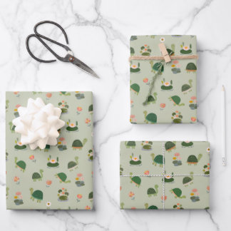 Feuille De Papier Cadeau Tortues & nénuphars sur fond vert gin