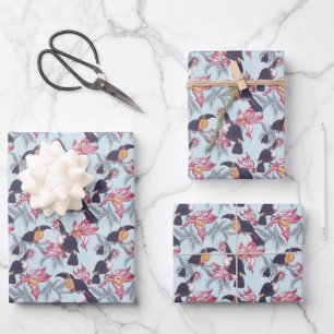Feuille De Papier Cadeau Toucans Avec Fleurs Exotiques