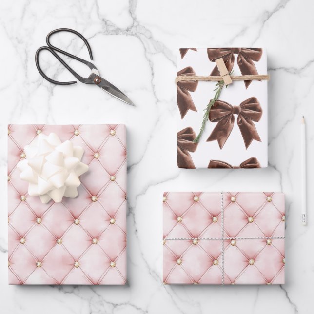 Feuille De Papier Cadeau Touffes de rose doré, nœud marron Shower de mariag (Recto)