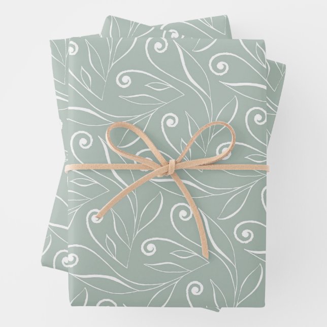 Feuille De Papier Cadeau Tourbillons de fleurs verts (En situation)