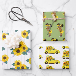 Feuille De Papier Cadeau Tournesol jaune Adorable Fille Ethnique  Voiture F