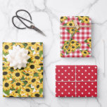 Feuille De Papier Cadeau Tournesol rouge En vichy Pois motifs floraux<br><div class="desc">Feuilles de papier d'emballage de tournesol avec des motifs mixtes assortis : une avec beaucoup de tournesols jaunes,  une avec des pois rouges et blancs,  et une avec des en vichy rouges avec des grappes de tournesol.</div>