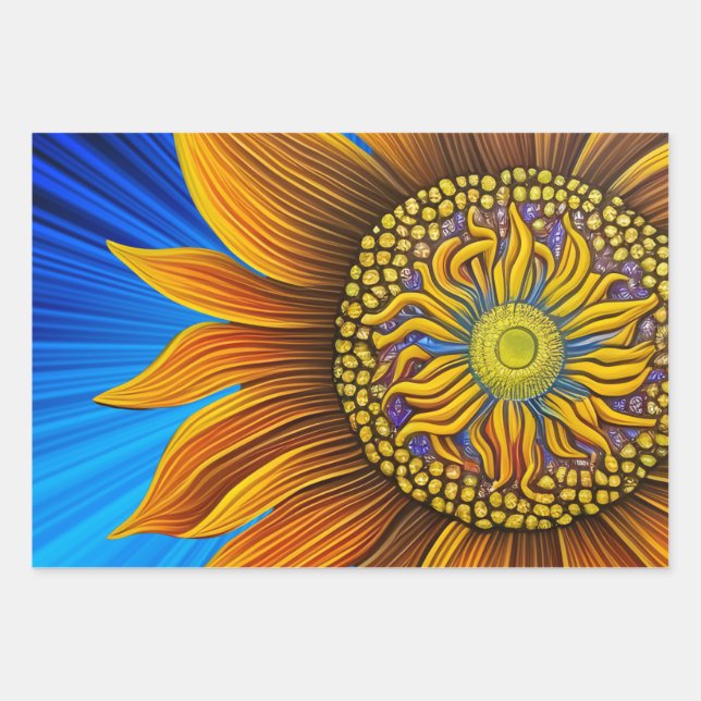Feuille De Papier Cadeau Tournesol rustique sur bleu (Devant)