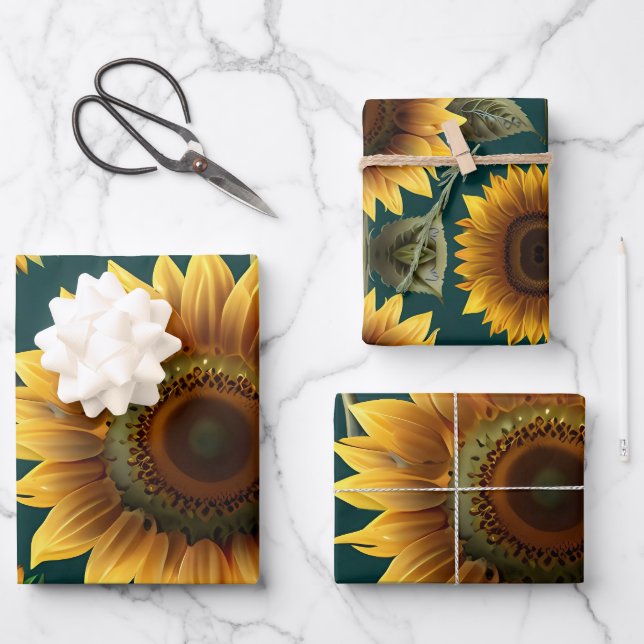 Feuille De Papier Cadeau Tournesol sur fond vert (Recto)