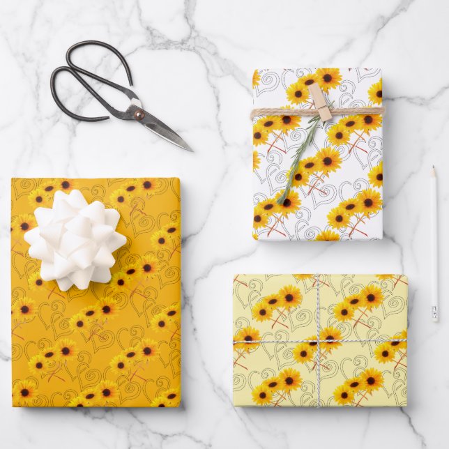 Feuille De Papier Cadeau Tournesol triple Motif de coeur (Recto)