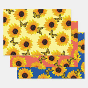 Feuille De Papier Cadeau Tournesols Et Papillons Peints À L'Huile,