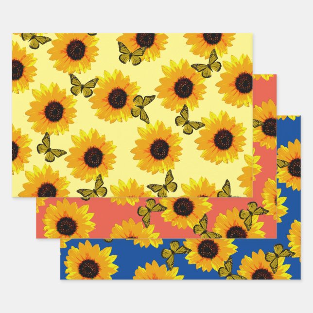 Feuille De Papier Cadeau Tournesols Et Papillons Peints À L'Huile, (Lot)