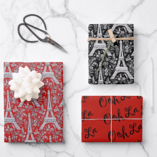 Feuille De Papier Cadeau Tours et fleurs Eiffel Rouge et Noir