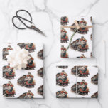 Feuille De Papier Cadeau Train à vapeur vintage Motif traditionnel de Noël<br><div class="desc">Envelopper le papier avec l'illustration d'un vieux train à vapeur vintage. Décoré de fleurs rouges de Noël.</div>
