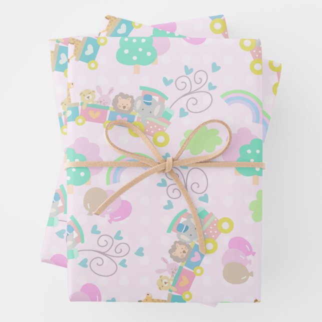Feuille De Papier Cadeau Train Animaux roses (En situation)
