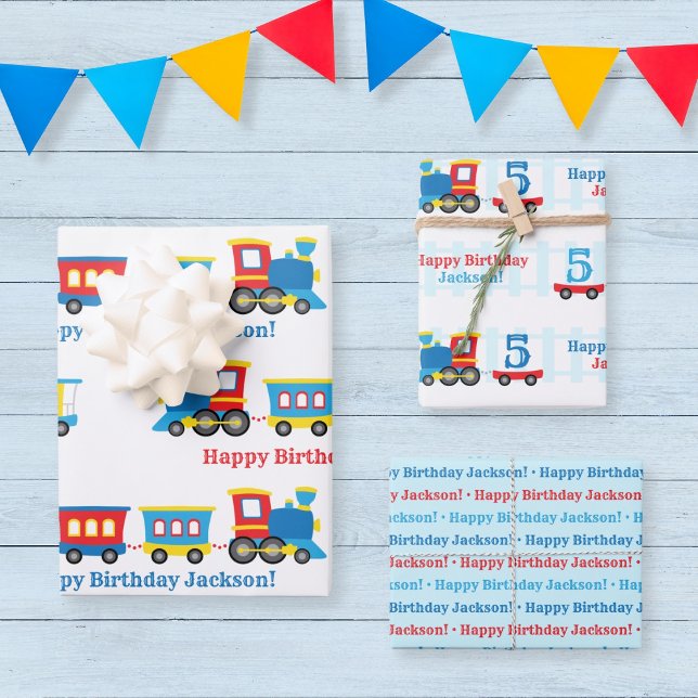 Feuille De Papier Cadeau Train d'anniversaire (Customizable train wrapping paper with a cute train in primary colors)