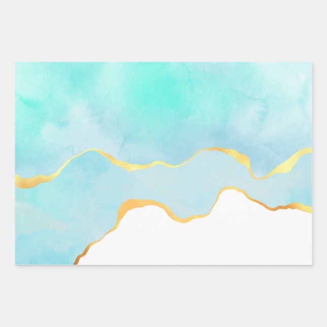 Feuille De Papier Cadeau Tranquille Tropical Vert Aquarelle Or Bordure (Devant)