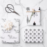 Feuille De Papier Cadeau Tree Merry Christmas<br><div class="desc">Beautiful and elegant black and white merry Christmas wrapping paper set is perfect for those who like a simple and minimalist esthetic. Les Snowflakes sont professionnels. Trees have a tiny antique gold star on them. C'est comme ça qu'on a script typographiy. See our shop for coordinating items.</div>