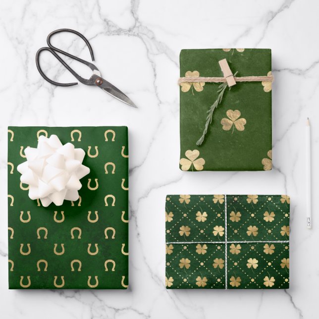 Feuille De Papier Cadeau Trèfle élégant vert et or Saint Patrick (Recto)