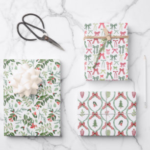 Feuille De Papier Cadeau treillis de feuillage de Noël et nœuds en rouge et