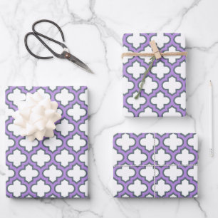 Feuille De Papier Cadeau Trellis blanc et violet, treillis, Quatrefoil