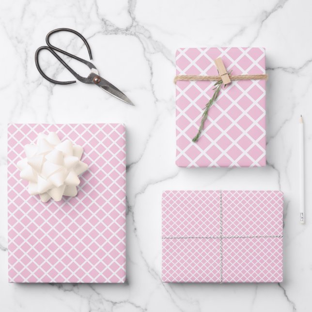 Feuille De Papier Cadeau Trellis Diamant Blanc - Rose Clair (Recto)