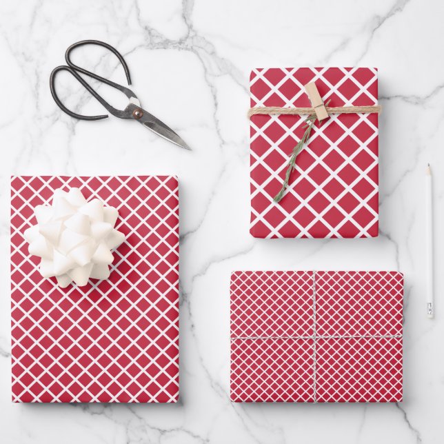 Feuille De Papier Cadeau Trellis Diamant Blanc - Rouge Cerise (Recto)