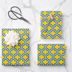 Feuille De Papier Cadeau Trellis jaune et bleu bébé, treillis, Quatrefoil
