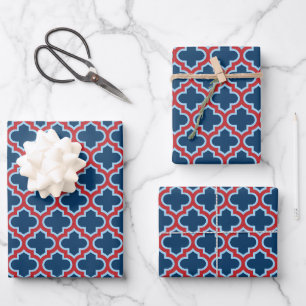 Feuille De Papier Cadeau Trellis Marocain Bleu et Rouge, Réseau, Quatrefeui