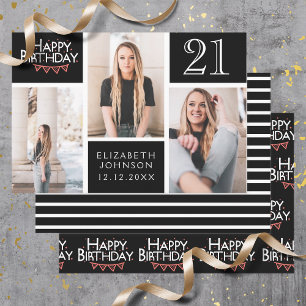 Feuille De Papier Cadeau Trendy Black White Photo Collage 21st Birthday