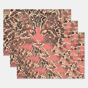 Feuille De Papier Cadeau Tribal Cute Tabby Chat Rose Brown Hippie mosaïque 