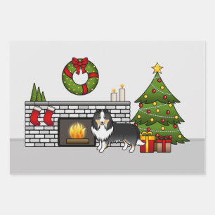 Feuille De Papier Cadeau Tricolore Shetland Sheepdog Chien Dans Une Salle D