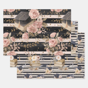 Feuille De Papier Cadeau Trio Casquettes & Roses de Remise des Diplômes