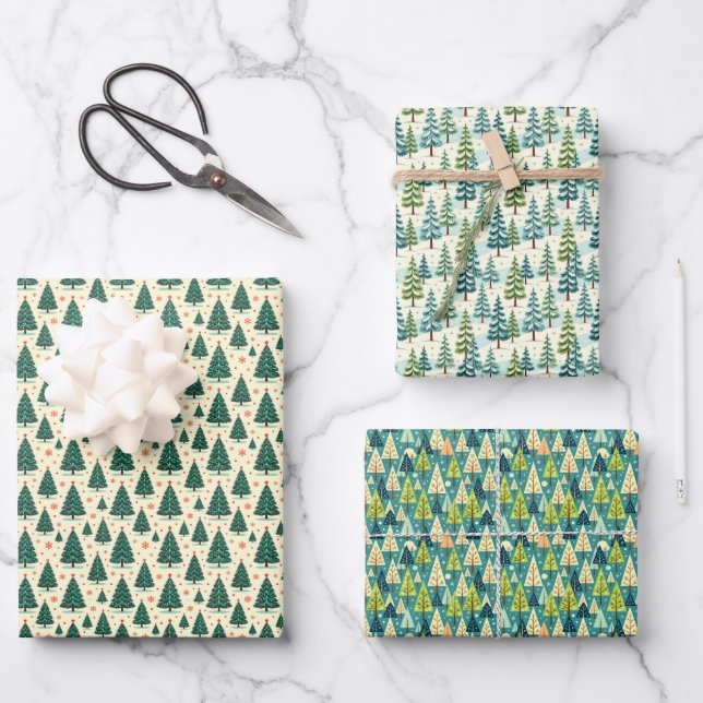 Feuille De Papier Cadeau Trio d'arbres de Noël (Recto)