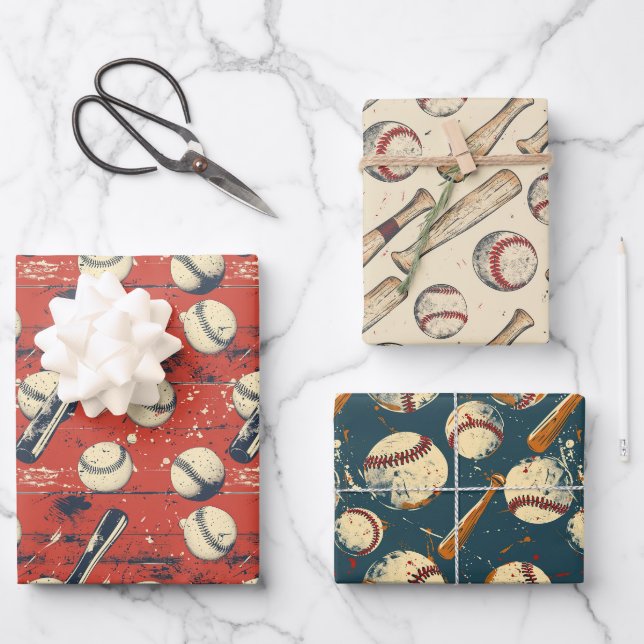 Feuille De Papier Cadeau Trio de baseball rétro 3 (Recto)