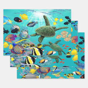 Feuille De Papier Cadeau Trio de la tortue de poisson tropicale hawaïenne d