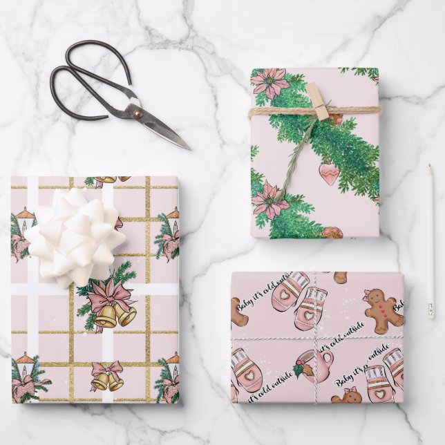 Feuille De Papier Cadeau Trio de Noël rose (Recto)