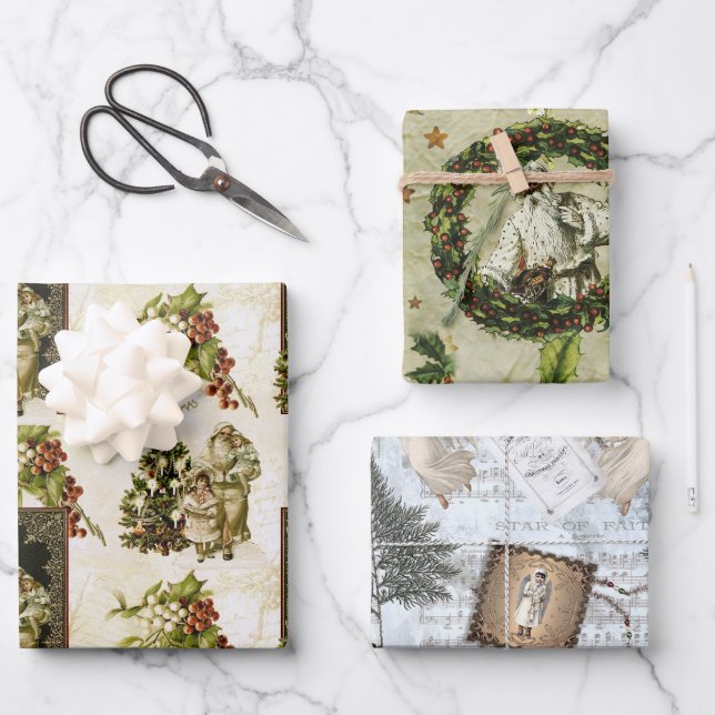 Feuille De Papier Cadeau Trio de Noël victorien (Recto)