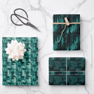 Feuille De Papier Cadeau Trio de peinture abstraite sarcelle et noire