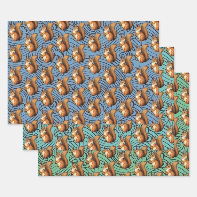 Feuille De Papier Cadeau Trio de petits écureuils adorable (Lot)