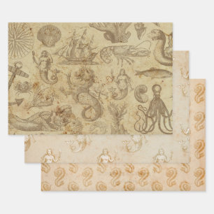 Feuille De Papier Cadeau Trio des créatures marines vintages