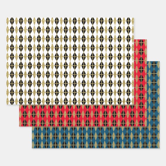 Feuille De Papier Cadeau Trio Diamond & Gold Grid (Lot)