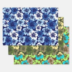 Feuille De Papier Cadeau Trio floral hawaïen épopé Hibiscus - Bleu et olive