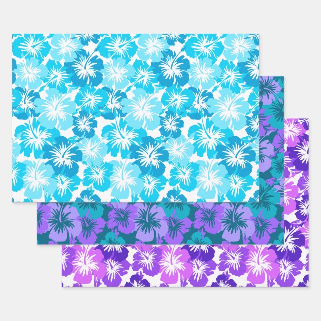 Feuille De Papier Cadeau Trio floral hawaïen épopé Hibiscus - Turq et viole (Lot)